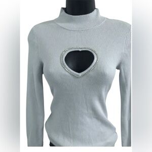 GUESS Vintage Light Blue Long Sleeve Top Heart Detail Cut-Out w Rhinestones Sz L